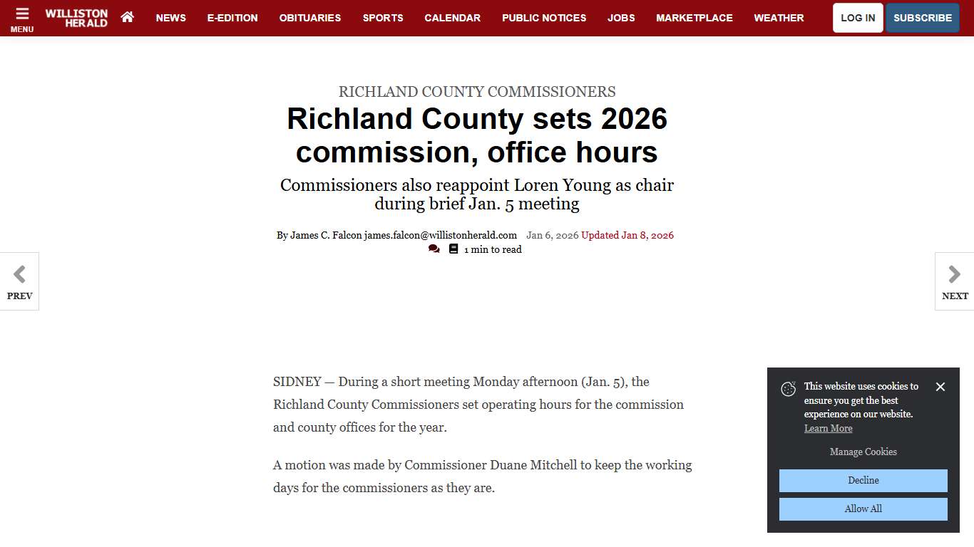 Richland County sets 2026 commission, office hours | Local News | willistonherald.com